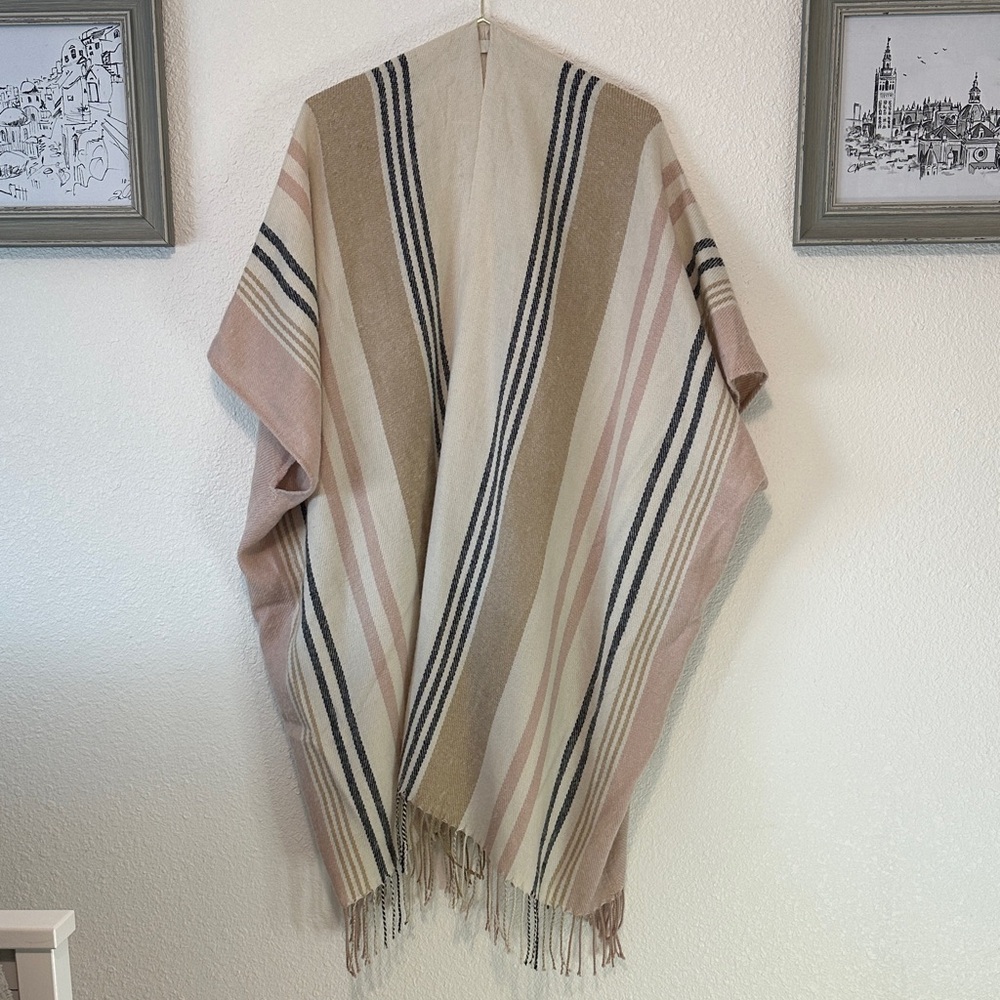 Striped Super Soft Beige, Pink, White, and Black Poncho OSFM